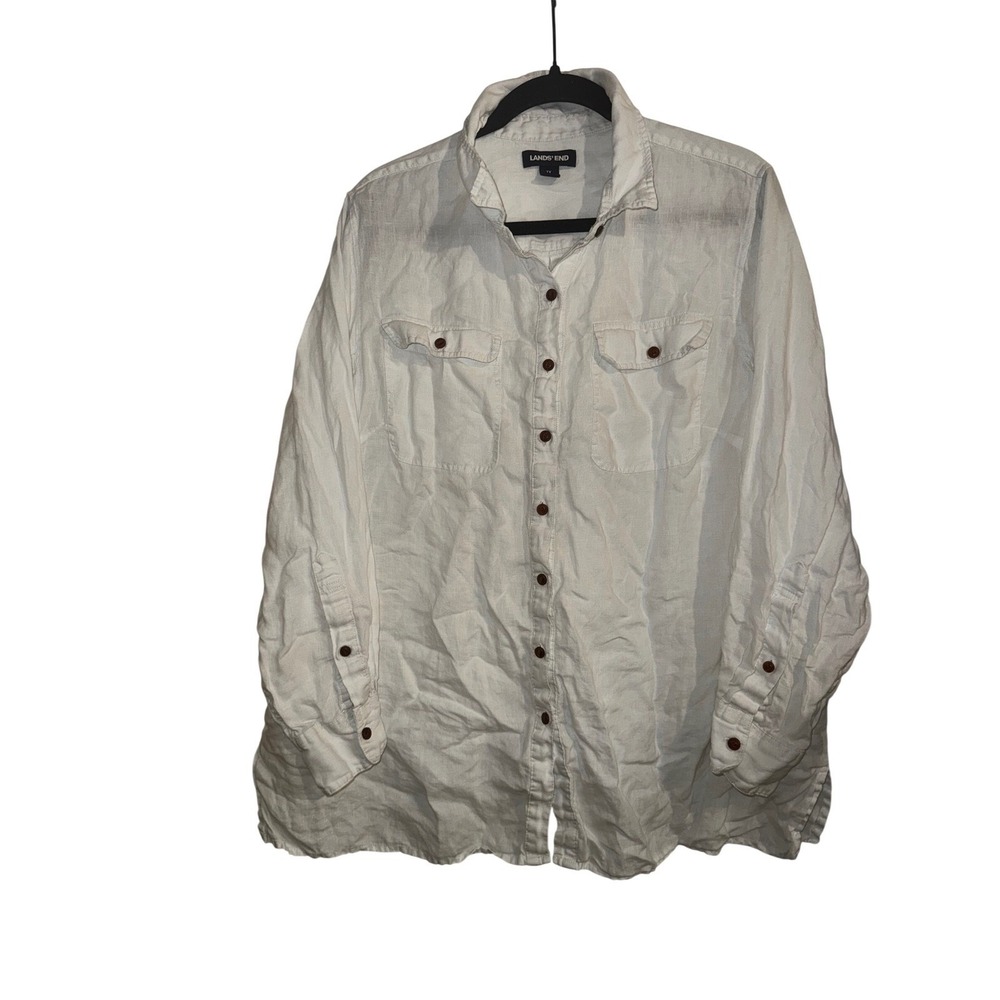 Lands End Sz 1x 16/18 White 100% Linen Button Down Shirt Long Sleeve Blouse